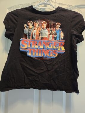 Netflix Black Stranger Things Graphic Tee with Red and Blue Logo